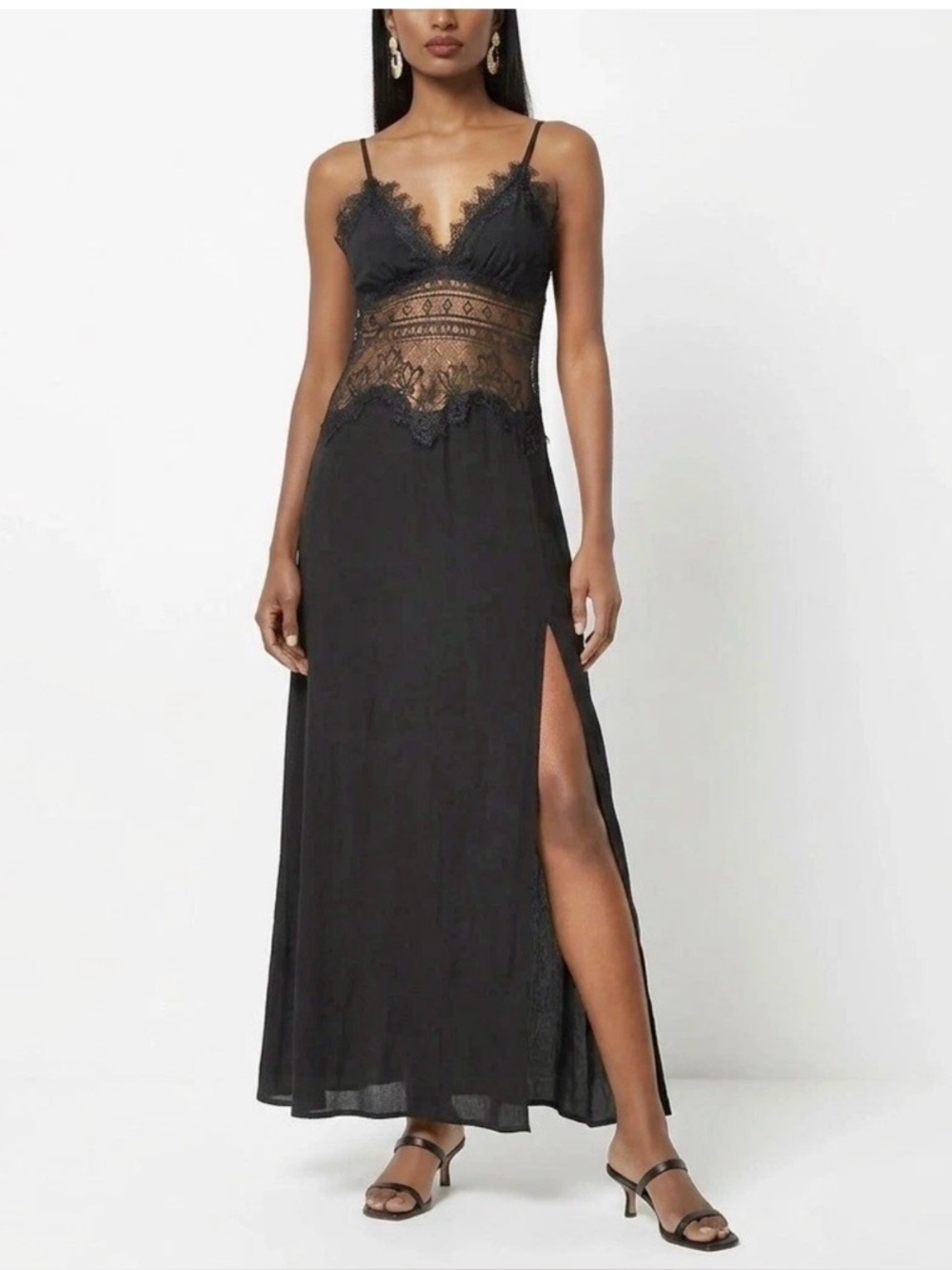 NWT Pampelone Black Satin Lace Slip Maxi Dress Sz S Babydoll Gothic Sexy Slinky